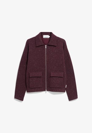 Burgundy zip-up jacket made of textured fabric, featuring a collar, two front patch pockets, and a subtle speckled pattern.