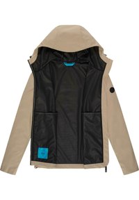 Chaqueta impermeable beige con interior negro, que cuenta con dos bolsillos frontales, capucha y una etiqueta azul cerca de la parte inferior izquierda.