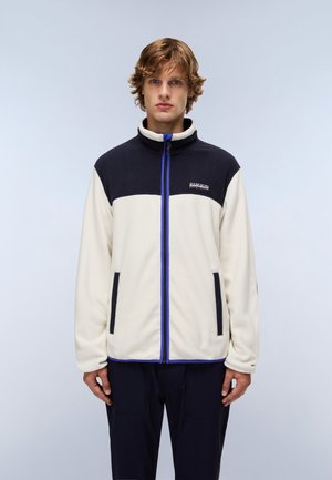 Fleece jacket with a navy blue upper section and cream lower section. Features a full zipper, two front pockets, and blue accents.
