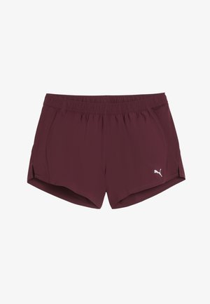 Bordo sporta šorti ar elastīgu jostasvietu, sānu izgriezumiem un baltu Puma logo apakšējā kreisajā pusē. Gluda, viegla auduma struktūra.