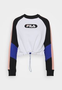 Sweatshirt court en tissu blanc, noir, rose et bleu ; présente des manches raglan longues, un ourlet avec cordon de serrage, et un logo central sur la poitrine.