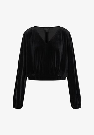 Schwarzes Samt-Crop-Top mit V-Ausschnitt, langen Ärmeln und elastischem Taillenbund. Glatte Textur und dezenter Glanz. Klassisches Design.