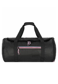 Borsa a sacca nera realizzata in tessuto resistente, con una tasca con zip decorata da strisce rosse, bianche e blu e robusti cordini per il tiraggio.