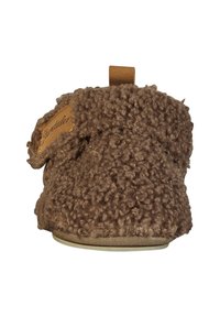 Braune Wollschlappen mit einer strukturierten, lockigen Oberfläche. Verfügt über ein hellbraunes Lederetikett an der Seite und eine flexible, glatte Laufsohle.