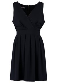 Robe noire sans manches avec col en V, taille ajustée, jupe plissée et fermeture éclair au dos.