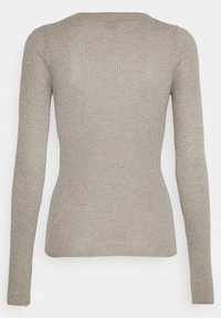 Sweter z długim rękawem, dzianinowy, prążkowany, w metalicznym jasnym beżu, o dopasowanym kroju i okrągłym dekolcie, pokazany z tyłu.