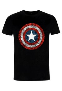 Sort t-shirt med et Captain America skjold design i rød, hvid og blå, med tegneserie-lignende billeder inden i skjoldet.