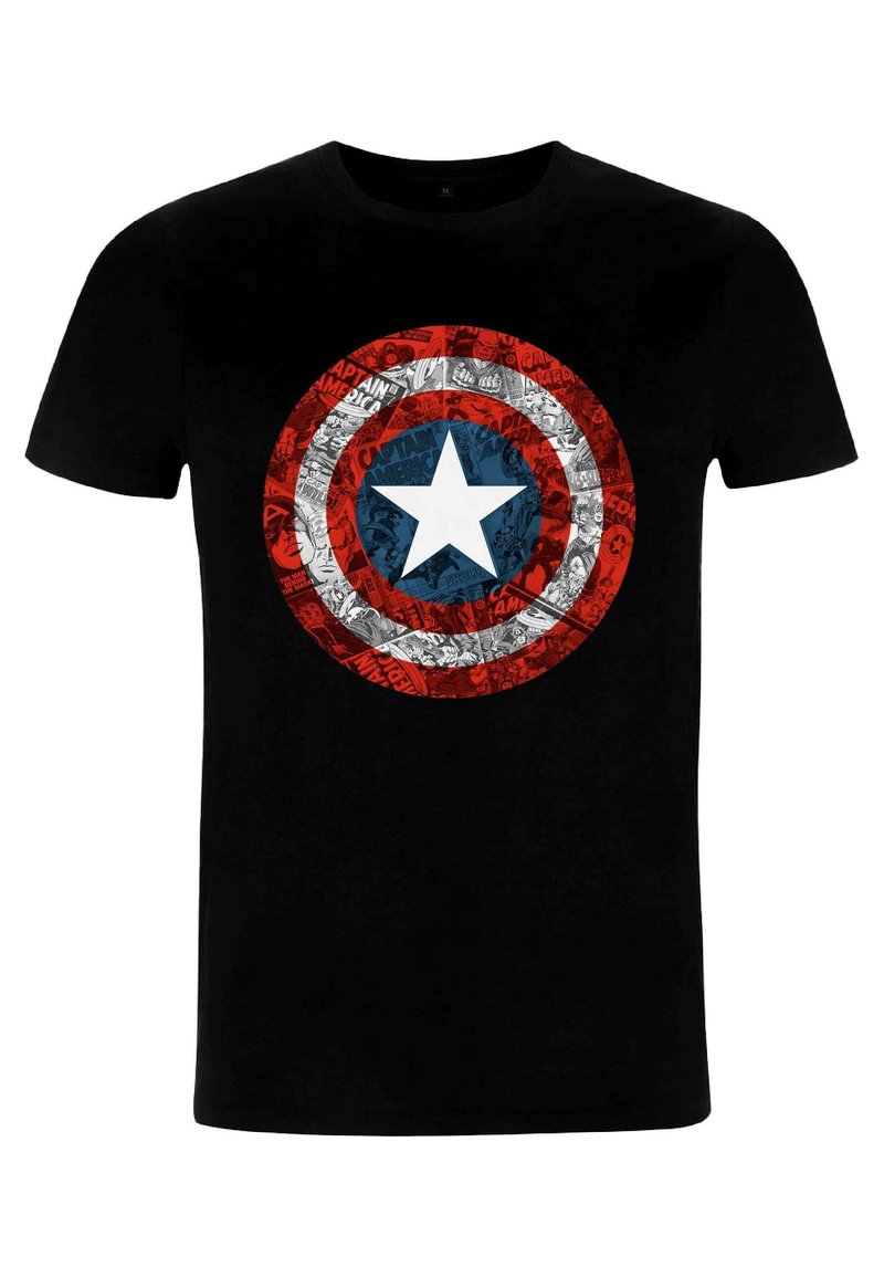 Sort t-shirt med et Captain America skjold design i rød, hvid og blå, med tegneserie-lignende billeder inden i skjoldet.