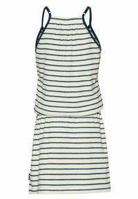 Biała sukienka bez rękawów z cienkimi czarnymi poziomymi paskami, elastycznym pasem w talii oraz czarnym wykończeniem na ramiączkach i dekolcie.