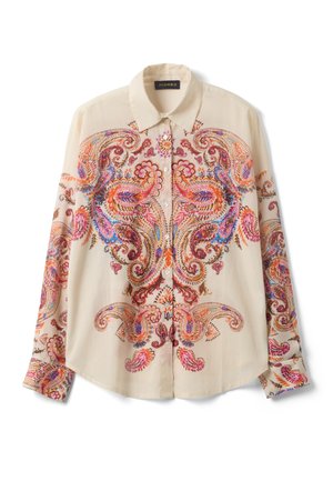 Beiges Hemd mit langen Ärmeln und Knopfleiste mit leuchtend pinken, orangefarbenen, blauen und braunen Paisley-Mustern auf Vorderseite und Ärmeln.