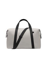 Bolsa de lona en gris claro con asas de cinta negra y correa ajustable. Cuenta con un cierre de cremallera y un detalle sutil del logo.