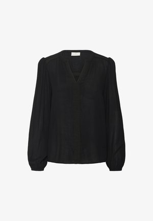 Zwarte blouse met lange, opgeblazen mouwen en een V-hals, met gestructureerde details langs de knoopsluiting. Gemaakt van lichtgewicht, vloeiende stof.