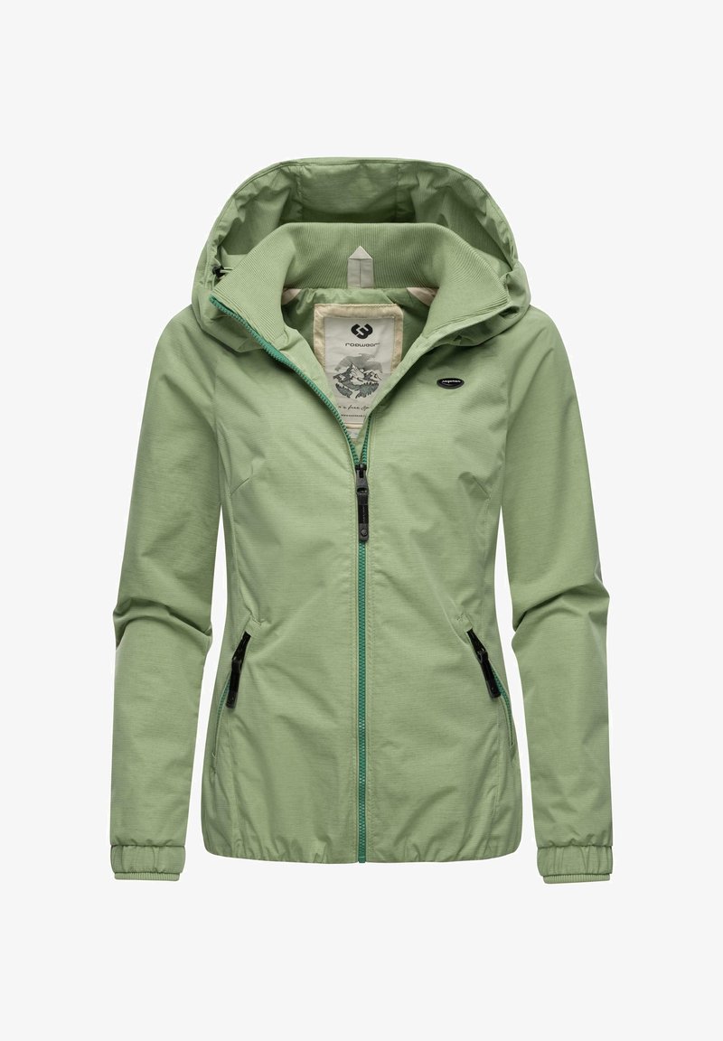 Hele-roheline kapuutsiga jakk ees tõmblukuga, kahe tõmblukuga küljetaskuga, elastsete varrukaservadega ja väikese rinnalogo.