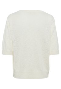 Pull à manches courtes couleur crème. Texture tricot douce avec une coupe ample et un ourlet légèrement court. Encolure bateau large et manches à revers.