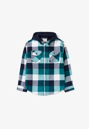 Geruite flanellen shirt met een capuchon; kleuren zijn teal, marineblauw, wit en grijs; voorzien van knoopzakken en een zachte textuur.