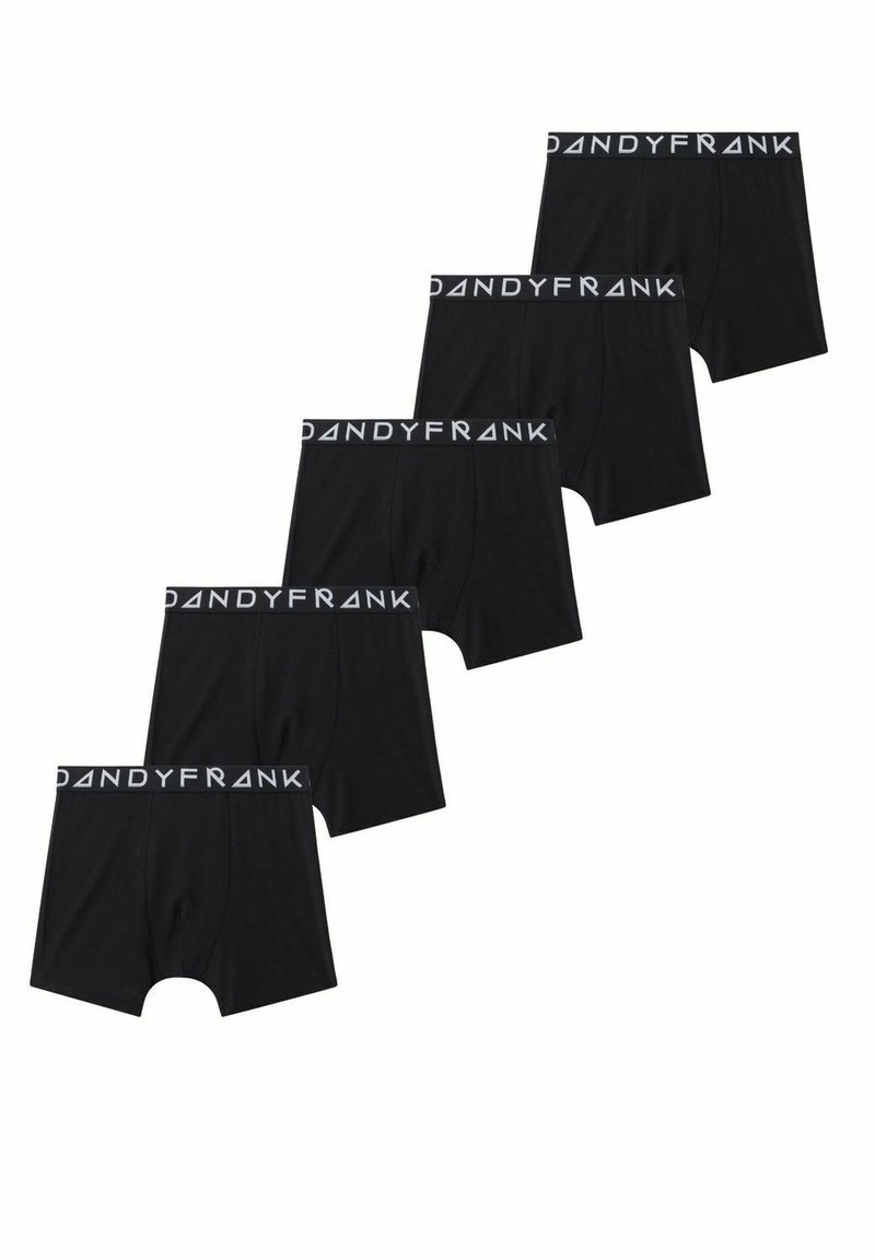 Mustat bokserit viidessä pakkauksessa, valmistettu pehmeästä kankaasta. Varustettu harmaalla joustovyöllä, jossa on "DANDYFRANK" logo.