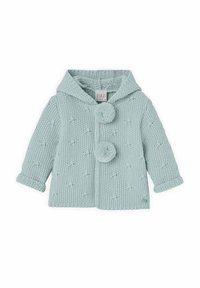 Cardigan tricoté vert menthe avec une capuche, doté de deux boutons en pompons, d'un motif texturé et de poignets retroussés. Tissu doux, design décontracté.