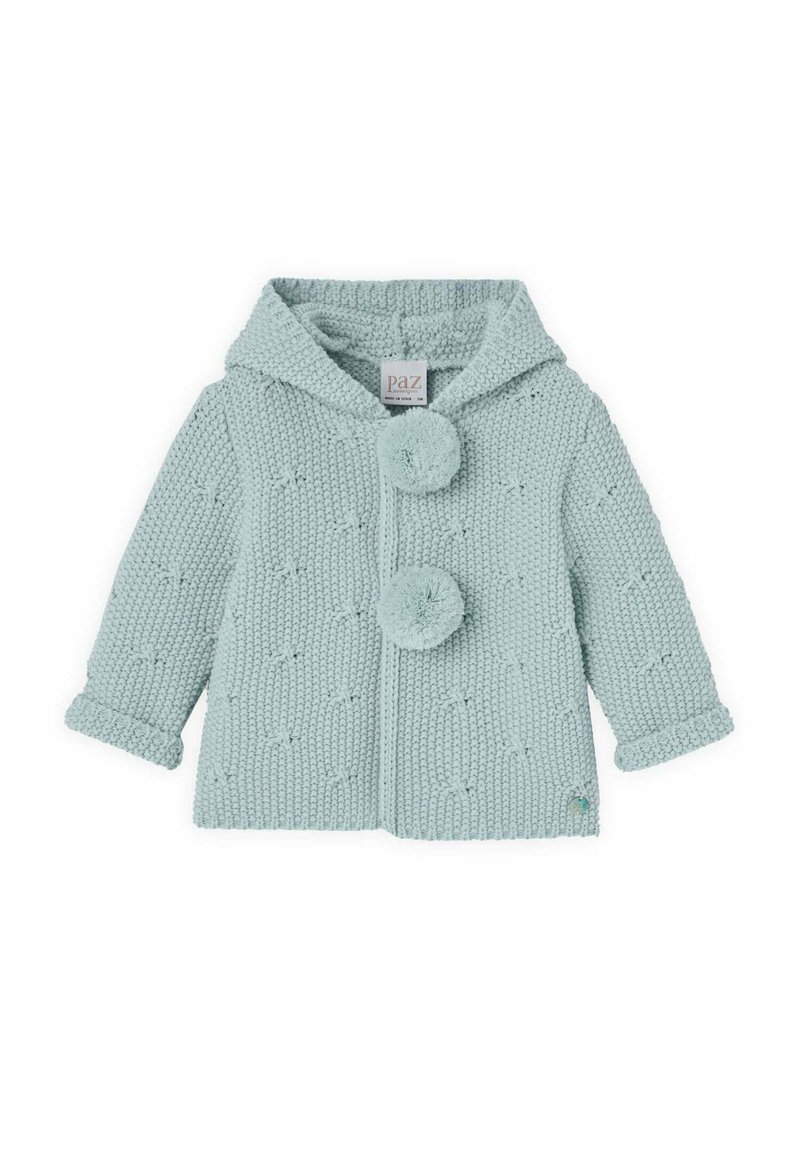 Cardigan tricoté vert menthe avec une capuche, doté de deux boutons en pompons, d'un motif texturé et de poignets retroussés. Tissu doux, design décontracté.