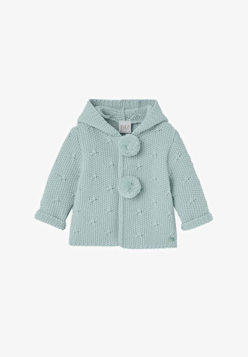 Cardigan tricoté vert menthe avec une capuche, doté de deux boutons en pompons, d'un motif texturé et de poignets retroussés. Tissu doux, design décontracté.