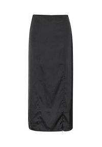 Jupe crayon noire avec une texture lisse et brillante et une silhouette droite. Dotée d'une fente arrière pour le mouvement. Pas de matériel ou de motifs visibles.