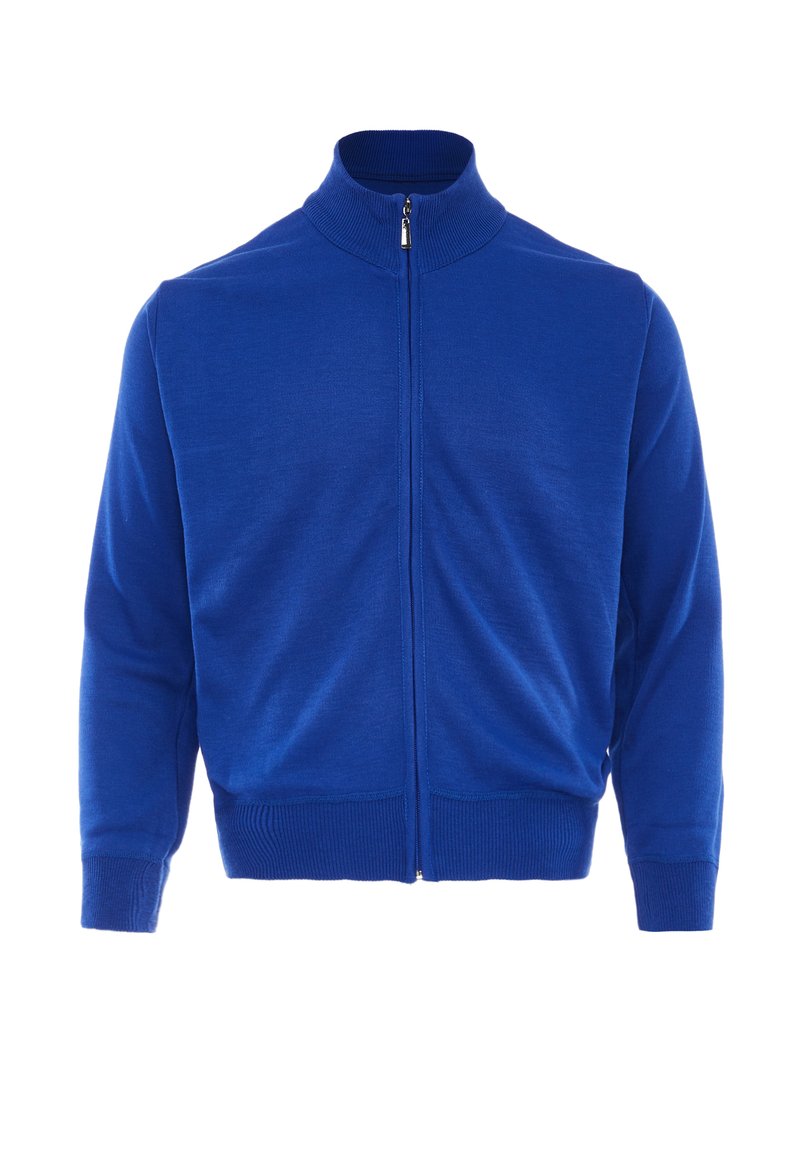Maglione blu con zip, caratterizzato da un colletto alto, polsini e orlo a costine, realizzato in un tessuto lavorato a maglia morbido con una superficie liscia.