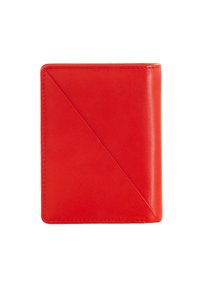 Portafoglio in pelle rossa con dettaglio di cucitura diagonale, texture liscia e cuciture ordinate. Forma rettangolare compatta, design minimalista.