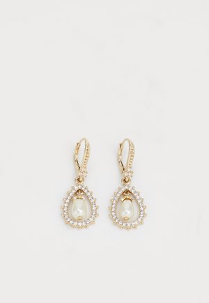 Boucles d'oreilles dorées avec un design en forme de larme, comportant une perle centrale entourée de petits cristaux transparents. Fermeture à charnière.