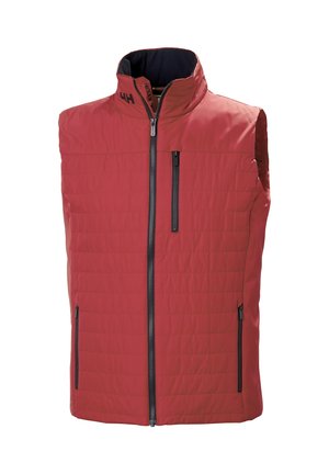 Czerwona pikowana kamizelka bez rękawów z czarnymi zamkami na przodzie i kieszeni na piersi, stojący kołnierz z czarną podszewką wewn ętrzną oraz detal z logo.