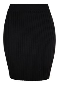 Schwarzer gerippter Strickrock mit figurbetonter Silhouette und elastischem Bund. Verfügt über vertikale Streifen und eine glatte Textur.