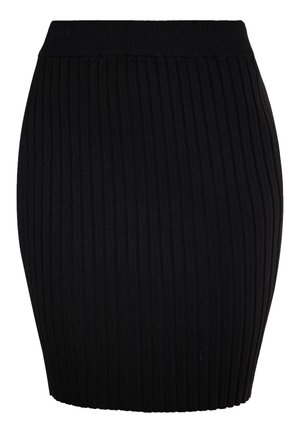 Falda negra de punto acanalado con una silueta ajustada y cintura elástica. Presenta rayas verticales y una textura suave.