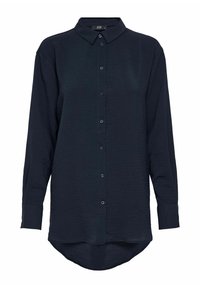 Navy blue button-up shirt with long sleeves, textured fabric, collar, and rounded hem. Features six buttons down the front.