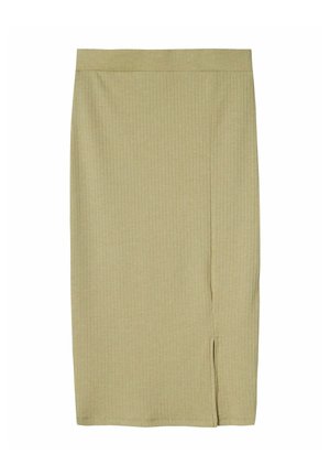 Vaalean beige ribattu midi-hame, joka on tiukka ja siinä on sivuhalkio sekä sileä ja pehmeä pinta. Joustava vyötärö ja mukava pitää.