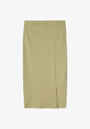 Falda midi de canalé beige con un ajuste ceñido, que presenta una abertura lateral y una textura suave y lisa. Cintura elástica para una comodidad óptima.