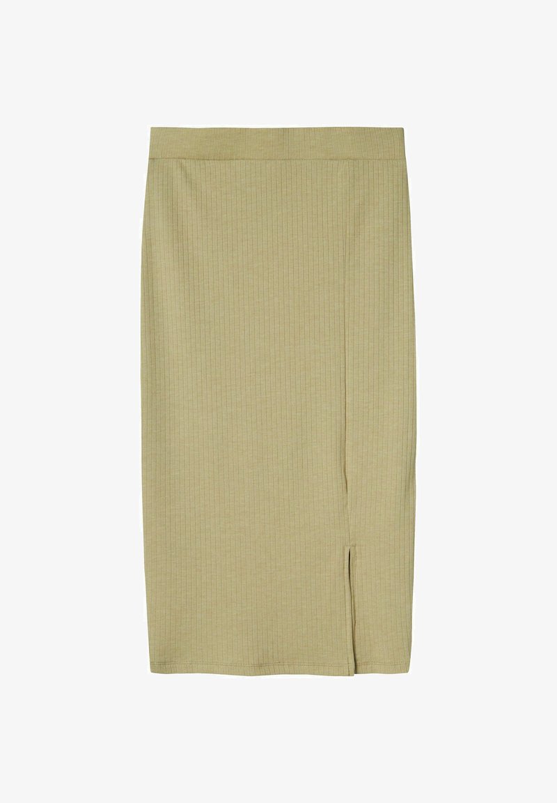 Béžová rebrovaná midi sukňa s priliehavým strihom, ktorá má bočný rozparok a hladkú, jemnú textúru. Elastický pás pre pohodlné nosenie.