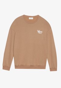 Sudadera marrón con cuello redondo, mangas largas y puños acanalados. Presenta el texto blanco "Fresh Coffee" en el frente. Tejido suave.