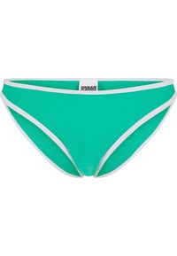 Turkizne bikini hlače z belimi akcenti. Imajo gladko teksturo, nizko postavljen dizajn in logotip na zadnjem delu.}}
