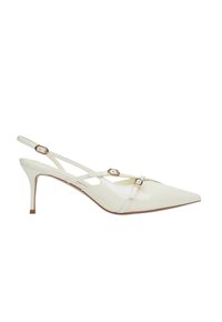 Białe lakierowane czółenka na obcasie z wąskim noskiem, cienkimi paskami i małymi klamrami. Charakteryzują się smukłym obcasem o wysokości 3 cali.