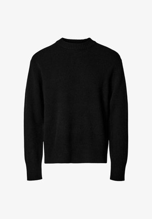 Black long-sleeve knit sweater with ribbed crew neck, cuffs, and hem on a white background.
