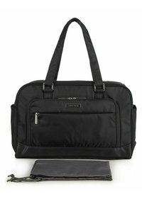 Borsa da viaggio nera con doppie maniglie, tasca frontale con zip e texture liscia. Include una borsa staccabile per piccoli oggetti.
