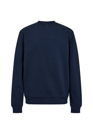 Marineblåt sweatshirt med rund halsudskæring, der har et struktureret stof, ribbede ærmer og et diskret præget logo på brystet.
