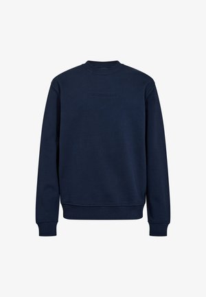 Marineblåt sweatshirt med rund halsudskæring, der har et struktureret stof, ribbede ærmer og et diskret præget logo på brystet.