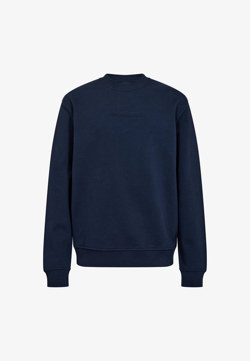 Marineblåt sweatshirt med rund halsudskæring, der har et struktureret stof, ribbede ærmer og et diskret præget logo på brystet.