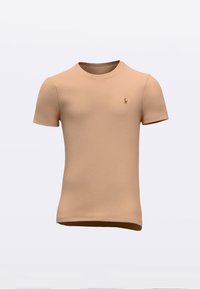 Svijetlo bež pamučna majica kratkih rukava, okruglog izreza i sitnim izvezenim logotipom na lijevoj strani prsa. Glatka tekstura, prilagođeni kroj.