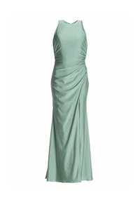 Robe en satin vert clair, sans manches, longue jusqu'au sol, avec un col haut et un drapé froncé asymétrique à la taille et sur la jupe.