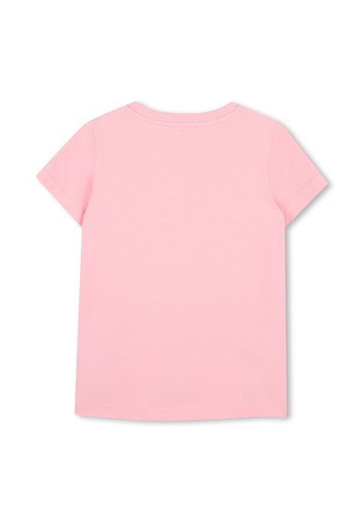 T-shirt uni rose clair à manches courtes avec col rond, vu de dos, sur fond blanc.