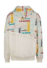 Hooded sweatshirt in cream with multicolor "DNGRS" text pattern. Features a kangaroo pocket and ribbed cuffs. Textured fabric, casual fit.