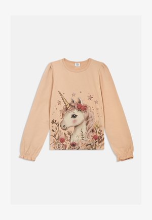 Felpa a maniche lunghe color pesco con una grafica di unicorno decorata con fiori e stelle. Tessuto morbido con maniche arricciate e scollo rotondo.