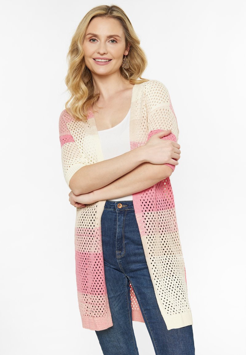 Cardigan lavorato a maglia con un motivo a gradiente rosa e crema, design a rete aperta, maniche a tre quarti e vestibilità comoda.