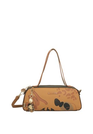 Piccola borsa beige con motivi astratti neri e marroni, doppi manici e portachiavi decorativi in oro e corno di tartaruga.