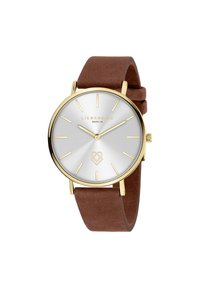 Ronde horloge met een gouden kast, zilveren sunburst-dial, gouden uurmarkeringen en een brown suède band. Heeft een hartvormig logo op 6 uur.